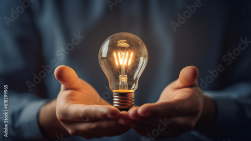 businessman holds a light bulb, the power of innovation and creativity. intelligence thinking and learning generates ideas and develops a visionary plan. achievement and inspiration to the future.