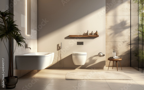 Contemporary upscale wall-mounted toilet with a closed seat  dual flush  ribbed glass partition  bidet  tissue paper holder  and a white bathtub on a granite tile floor  all illuminated by sunlight