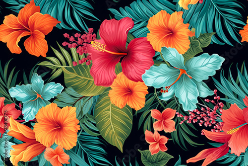 Seamless pattern tropical background  illustration of exotic summer leaf and plants in vivid colorful colors  flat lay. Illustration  Generative AI.