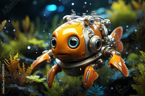 Cute aquatic robot swimming with fish