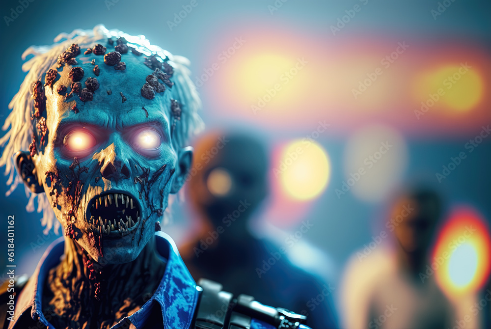 Techno zombie woth neon lights and shiny eyes. Cyberpunk horror party concept. Generated AI. Techno zombie woth neon lights and shiny eyes. Cyberpunk horror party concept. Generated AI.