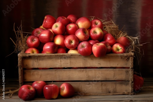 A bushel of apples inside a wooden crate