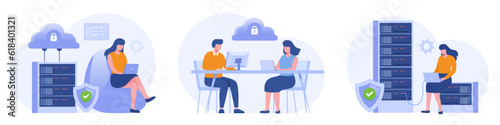 Database programmer concept, programming languages. css, html, it, ui. developing, coding. flat illustration programmer banner for website