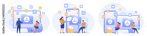 Download file document, transfer file, save file, storage, digital file, send and sharing, flat vector banner for landing page website