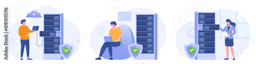 Server technology concept, database system, cloud, data management, personal data security, flat vector banner for landing page website