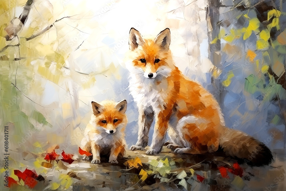 Fototapeta premium Beautiful painting of a family of foxs resting under the trees in the forest. Wildlife Animals. Illustration, Generative AI.
