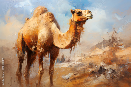 Beautiful painting of camel in the middle of the desert. Wildlife Animals. Illustration, Generative AI.