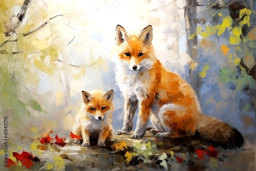 Beautiful painting of a family of foxs resting under the trees in the forest. Wildlife Animals. Illustration  Generative AI.