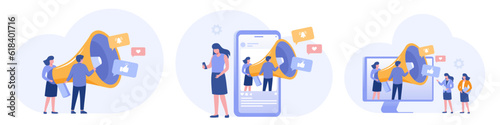 social media marketing, trending, viral, strategy, online business, startup, like, hashtag and comment, flat vector illustration banner background for landing page website