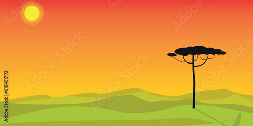 Kenya sunset. Africa plaine landscape, savannah wilderness panoramic background ingenious vector illustration of africa landscape