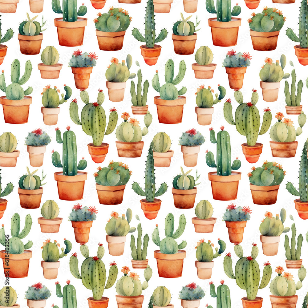 Watercolor seamless pattern with cacti and flowers. Flowers pots with cacti on white background. For wrapping paper, textile, wallpapers, postcards, greeting cards. AI Watercolor seamless pattern with cacti and flowers. Flowers pots with cacti on white background. For wrapping paper, textile, wallpapers, postcards, greeting cards. AI