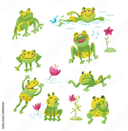 Cute funny set of frogs for design. Drawing cartoon animal character for kids worksheet, book, game, poster. Color illustration drawing on white background.  