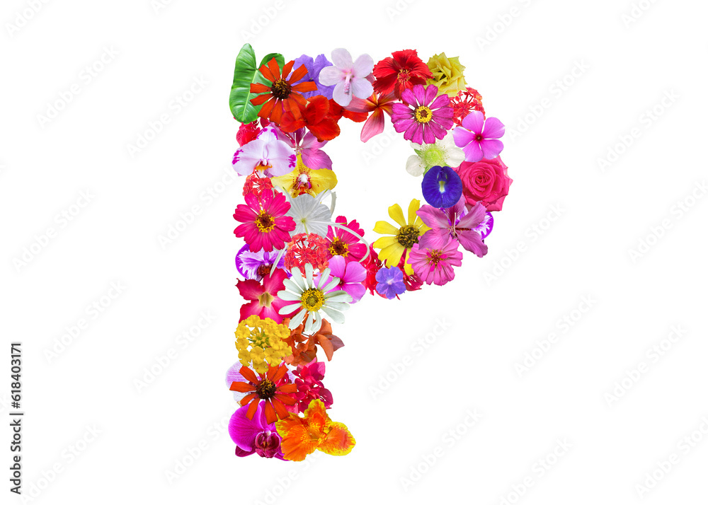 P shape made of various kinds of flowers petals isolated on transparent background, PNG P shape made of various kinds of flowers petals isolated on transparent background, PNG