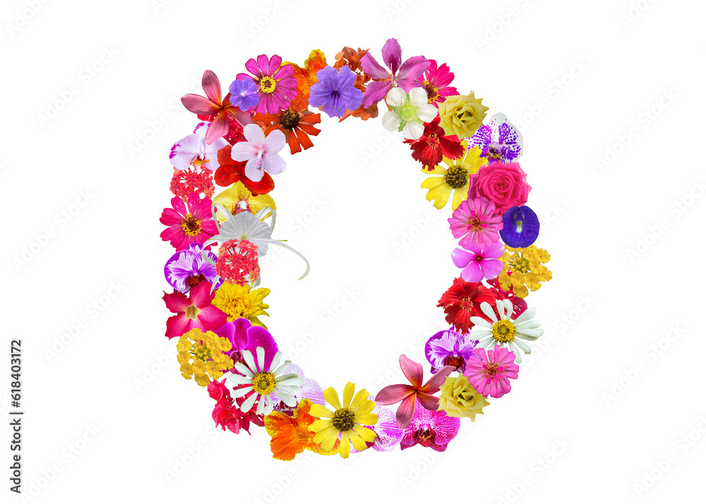 O shape made of various kinds of flowers petals isolated on transparent background, PNG