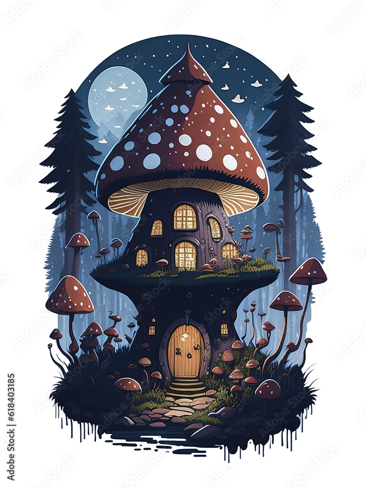a big magical mushroom house in darky night for design or t shirt