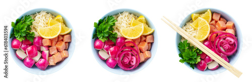 Poke bowl with salmon, rice, avocado, cucumber, radish, pepper, sesame seeds
