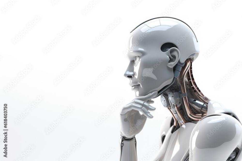 3d rendering humanoid robot thinking on white background