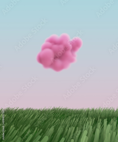 Sci-Fi surreal dreamy landscape with pink cloud and grass in misty swamp. Fantastic background with copyspace. Scandinavian wallpaper. 3d render  3d illustration.
