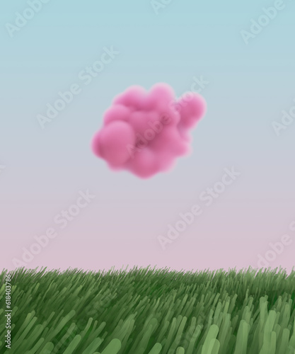Sci-Fi surreal dreamy landscape with pink cloud and grass in misty swamp. Fantastic background with copyspace. Scandinavian wallpaper. 3d render, 3d illustration.