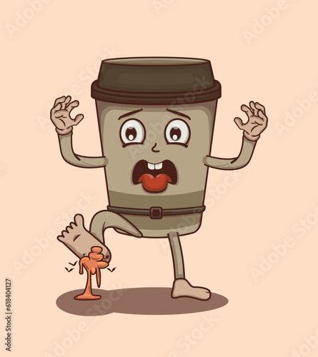 Cute and kawaii coffee cup stepping on poop vector illustration