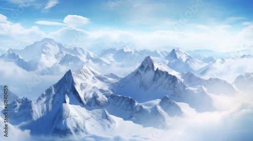 A breathtaking aerial view of a mountain range covered in snow, invoking a spirit of adventure   generative ai © ArtisanSamurai