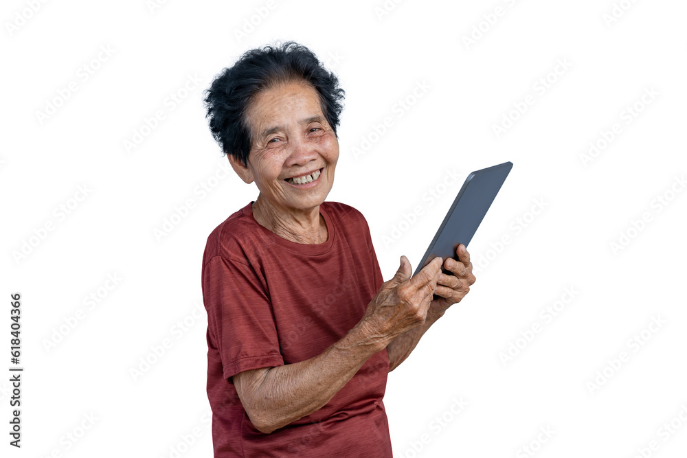 Happy old woman smiling looking at a camera with a laptop. Modern 80's woman enjoying free time enjoys laptop communication device, surfing wireless internet, and chatting online. Happy old woman smiling looking at a camera with a laptop. Modern 80's woman enjoying free time enjoys laptop communication device, surfing wireless internet, and chatting online.