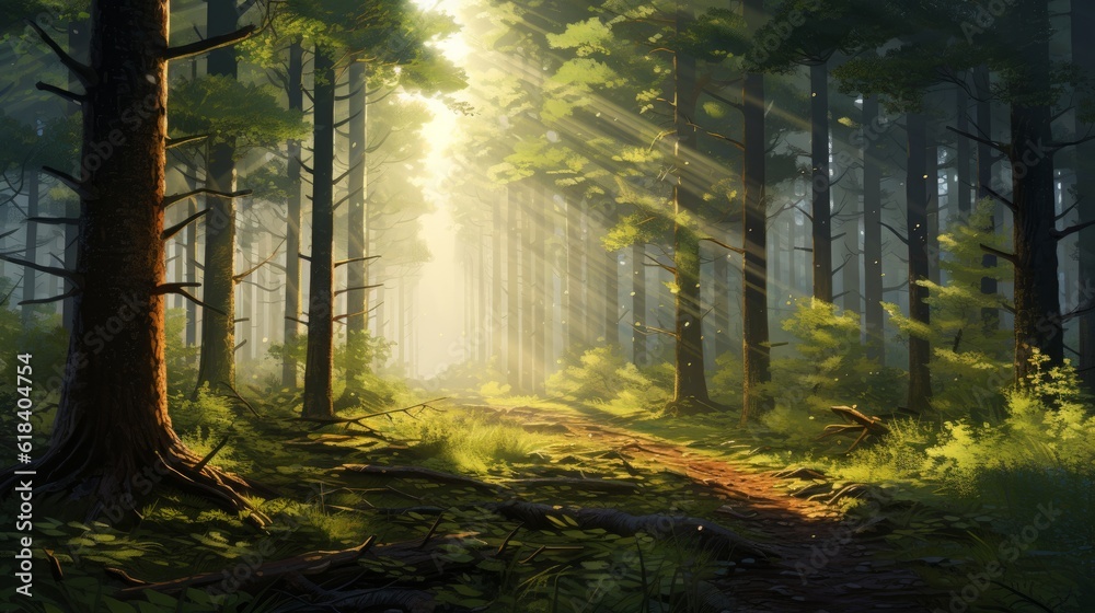 Fototapeta premium A tranquil forest scene with rays of sunlight piercing through the trees, evoking a sense of peace | generative ai