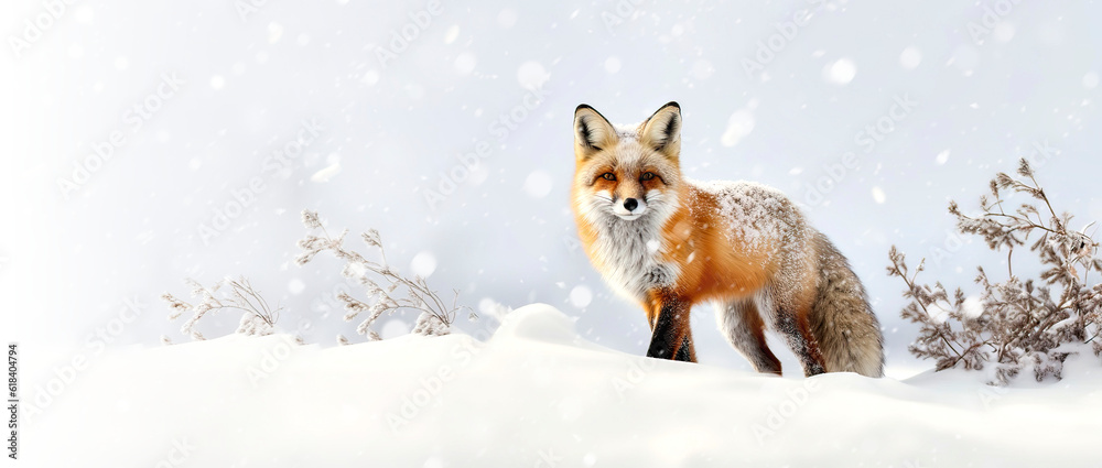 Fototapeta premium Fox in winter heavy snowfall in winter snowy landscape, made with generative ai