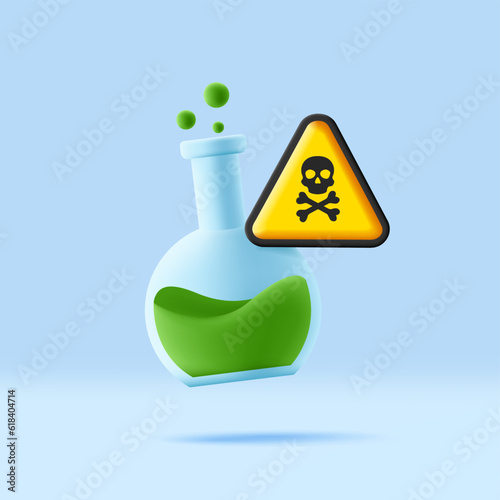 Glass beaker with a poisonous green liquid. 3d icon with skull and bones warning sign