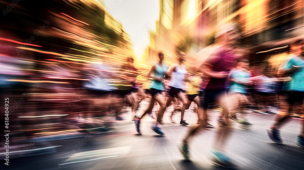 Side view of group of people running marathon in big city, motion blur, made with generative ai Side view of group of people running marathon in big city, motion blur, made with generative ai