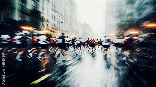 Back view of group of people running a marathon in a big city, motion blur, made with generative ai