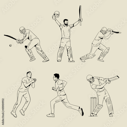 Set of player playing cricket match action poses line art championship vector illustration.
