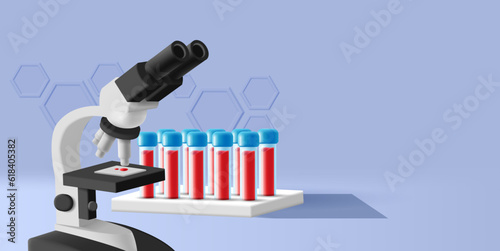 3d illustration of blood test laboratory with blood samples in glass beaker tubes and microscope with biological material