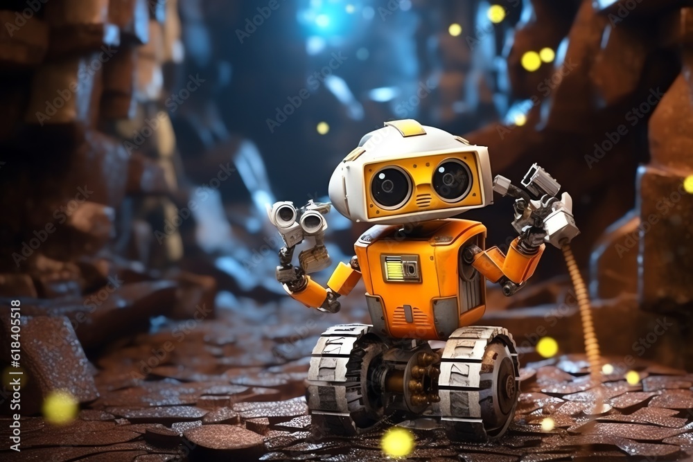 Cute miner robot drilling for minerals an underground Cute miner robot drilling for minerals an underground