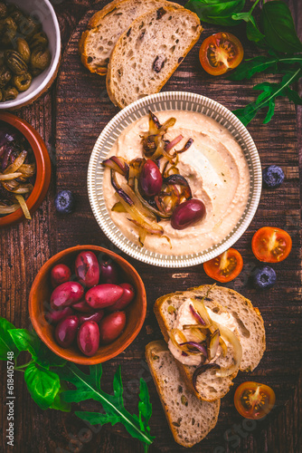 Whipped feta cheese dip with garlic, olives, lemon and caramelized onions.