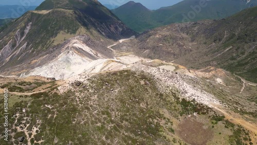 Kujusan, Japan: Dramatic aerial drone footage of the volcanic landscape of the Kuju mountains with the Inahoshi, Nakadake, Kuju peaks in Kyushu in Japan. photo