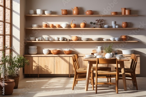 Light new kitchen furniture. Shelves with dishes and plants in pots, utensils, small refrigerator, chairs and table in Scandinavian dining room, panorama, empty space