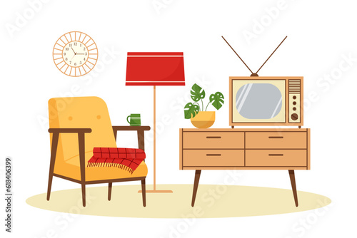 Vintage living room interior with armchair, TV, floor lamp, dresser. Retro furniture set in 60s style. Flat vector illustration.