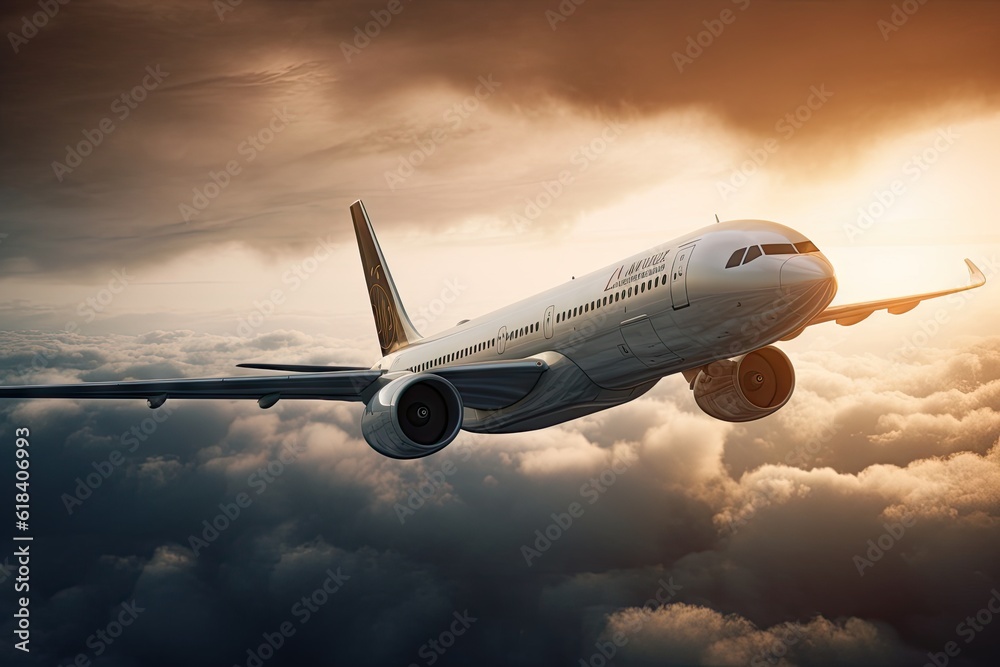 Airplane Flying in the Blue Sky. Travel and Transportation Concept with Copy Space Airplane Flying in the Blue Sky. Travel and Transportation Concept with Copy Space