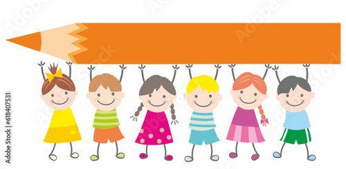Group of six school children hold crayon, banner for your text, template, vector funy illustration