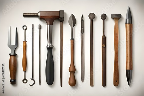collection of vintage tools, hammer, chisel, screwdriver, grippers,, wooden ruler and rusty nails, isolated over a transparent background, 