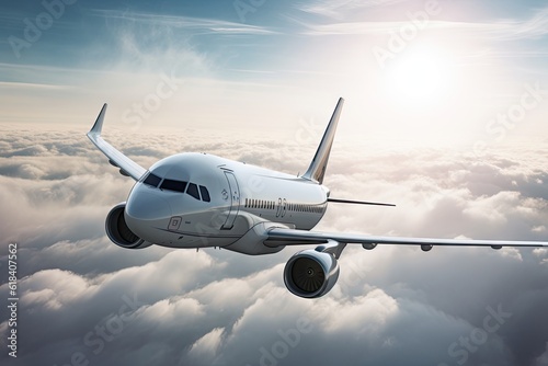 Airplane Flying in the Blue Sky. Travel and Transportation Concept with Copy Space