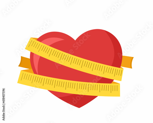 Measuring tape around heart Heart health and diet concept.