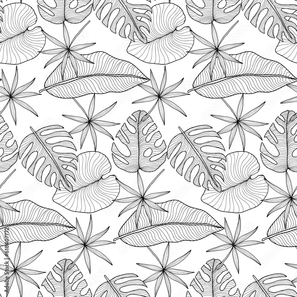 Black and white tropical seamless pattern with palm leaves, monstera leaves, banana leaves on a white background. Pattern for coloring books, wallpapers, backgrounds, decor, covers