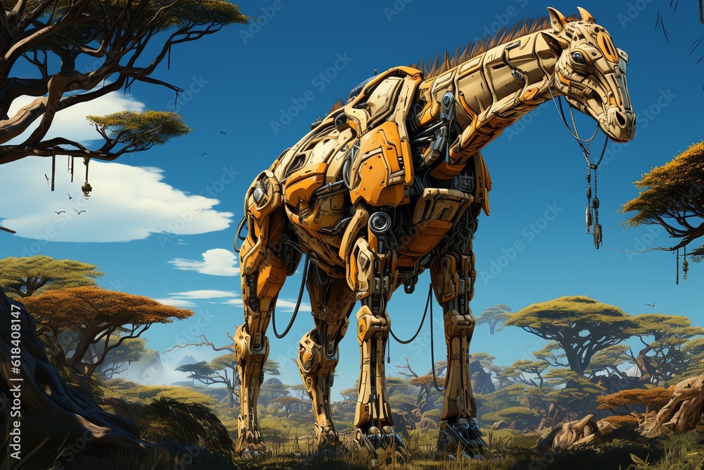 Fototapeta premium Robot giraffe foraging from the top of a acacia tree