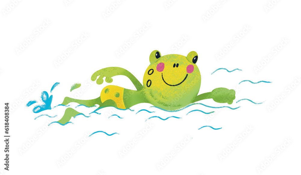 Fototapeta premium Cute funny frog for design. Drawing cartoon animal character for kids worksheet, book, game, poster. Vector illustration. Color drawing on white background. 