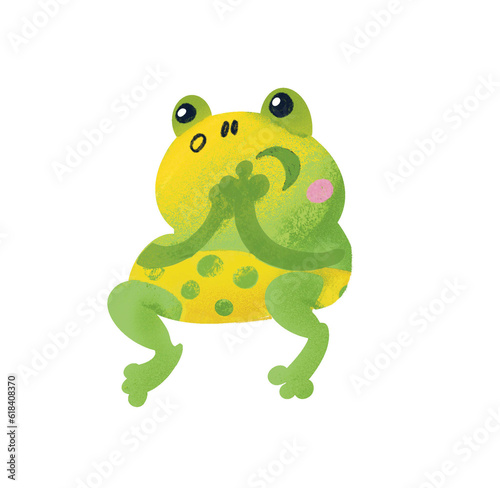 Cute funny scared frog for design. Drawing cartoon animal character for kids worksheet, book, game, poster. Color illustration drawing on white background. 