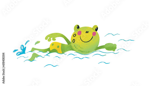 Cute funny frog for design. Drawing cartoon animal character for kids worksheet  book  game  poster. Vector illustration. Color drawing on white background. 