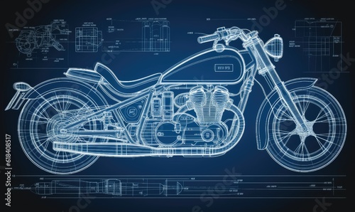 Detailed technical drawing of a motorcycle showcased in a blueprint. Creating using generative AI tools