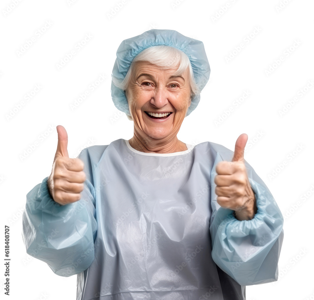 Smiling middle aged woman wearing a surgical gown Smiling middle aged woman wearing a surgical gown